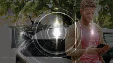 Animation of rotating globe and data processing over women using smartphone Video stock 327355343