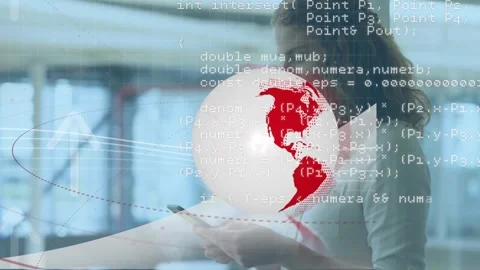 Animation of rotating globe and data processing over businessman at desk using Stock Footage 330294646