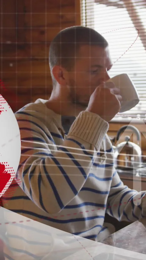 Animation of rotating globe, up arrows over caucasian man drinking coffee while Stock Footage 344723317