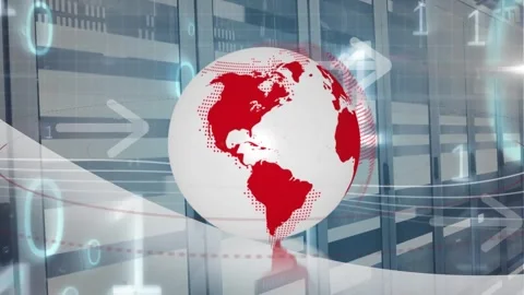 Animation of rotating globe, binary codes and arrows over moving bars on data Stock Footage 250314486