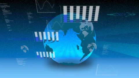 Animation of rotating globe with data charts and graphs in digital space Stock Footage 303609126