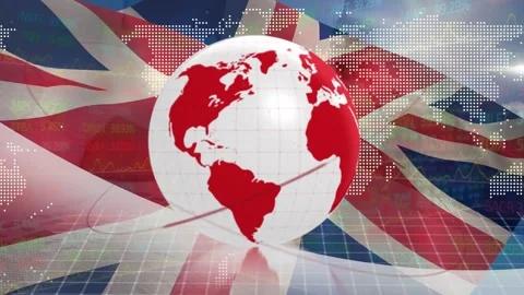 Animation of rotating globe with graphical map, grid pattern, trading board over Stock Footage 329926035