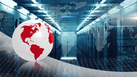 Animation of rotating globe, map and computer language over data server room Video stock 327200593
