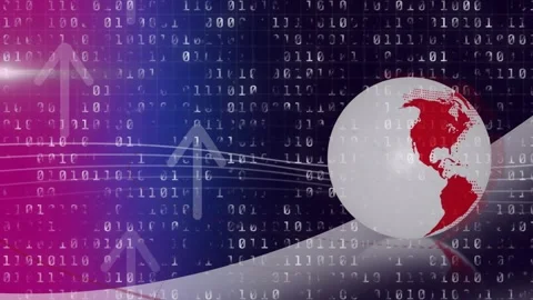 Animation of rotating globe over up arrows and binary codes against abstract Stock Footage 326304540