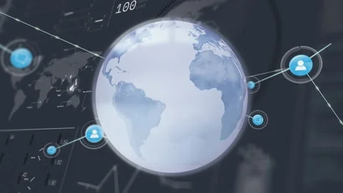 Animation of rotating globe over connected dots against map, bars and circle in Stock Footage 330591096