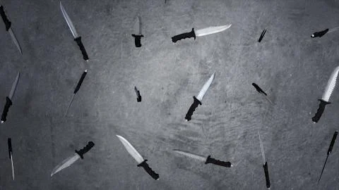 Animation of rotating knifes on grey background. Steel knife blade. Close up of Stock Illustration