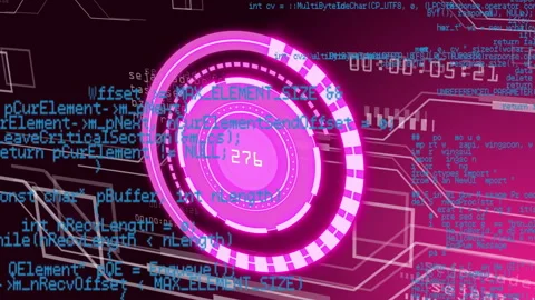 Animation of rotating pink circle with blue programming code in digital Video stock 304769011