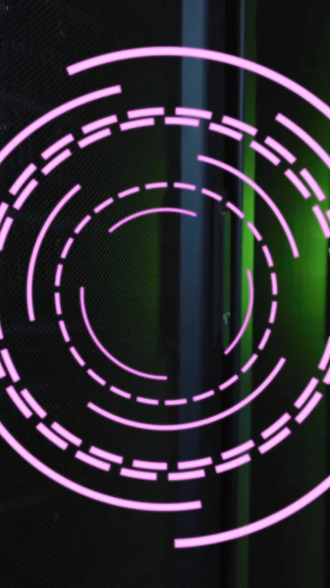 Animation of rotating pink circular scanner processing over dark server room Video stock 320589943