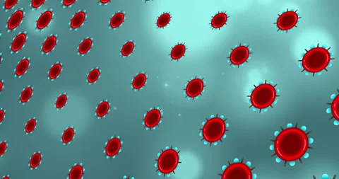 Animation of rotating red and blue roundels over blue bokeh lights on blue Video stock 268265107
