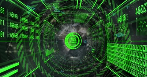 Animation of rotating safe lock and data processing on black Video stock 328714434