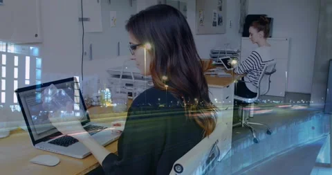 Animation of rotating shapes and data over business people using phone headsets Stock Footage 330728434