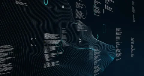Animation of rotating shapes and network wave over data processing on black Stock Footage 267073875