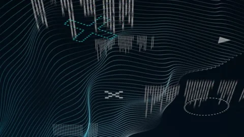 Animation of rotating shapes and network wave over data processing on black Stock Footage 314126817