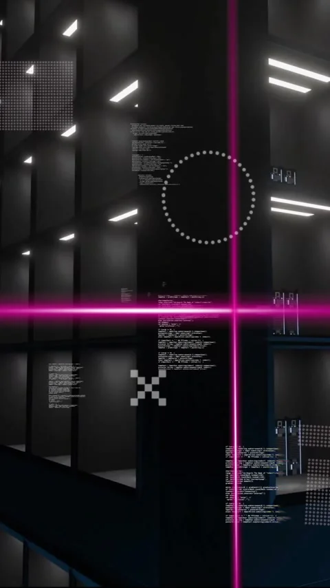 Animation of rotating shapes and pink scanner beams processing over dark Stock Footage 319925985