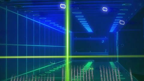 Animation of rotating shapes, green scanner beams and processing data over Video stock 313523370