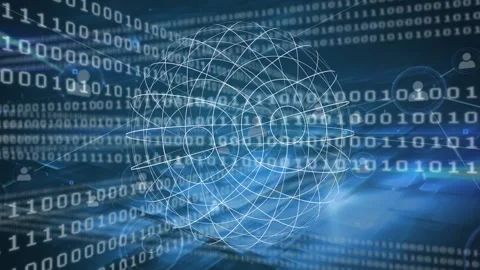 Animation of rotating sphere and binary code over network of connections Stock Footage 171618548