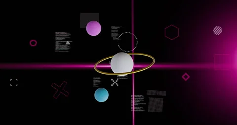Animation of rotating spheres and pink scanner beams over data processing on Stock Footage 267074282