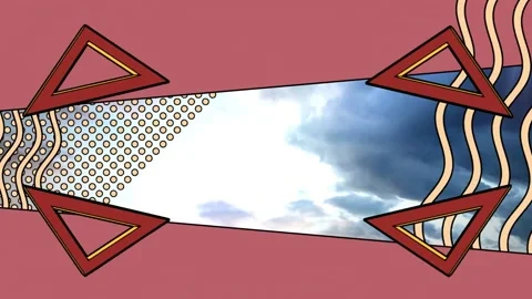 Animation of rotating triangles and graphic elements framing cloudy bright sky Stock Footage 157335338