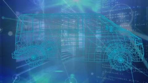 Animation of rotating van model on navy background with data processing Stock Footage 330724267