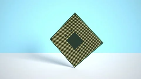 Animation of the rotation of the CPU processor chip. On a blue and white backgro Stock Footage 170036583