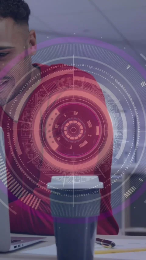 Animation of round scanner against man smiling while using a laptop at office Stock Footage 344614064