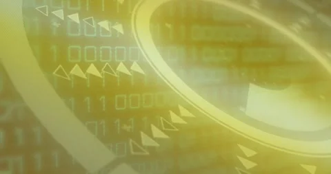 Animation of round scanner and binary coding data processing against yellow Stock Footage 243843324