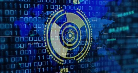 Animation of round scanner and binary coding data processing over world map Stock Footage 250078144