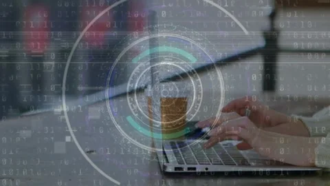 Animation of round scanner and binary coding over mid section of woman using 스톡 동영상 326628792