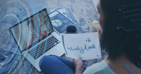 Animation of round scanner and data processing over woman with document having a Stock Footage 221452220