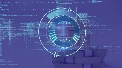 Animation of round scanner and data processing over stack of dollar bills Stock Footage 326102575