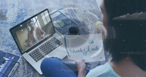 Animation of round scanner and data processing over woman with document having a Stock Footage 329125207