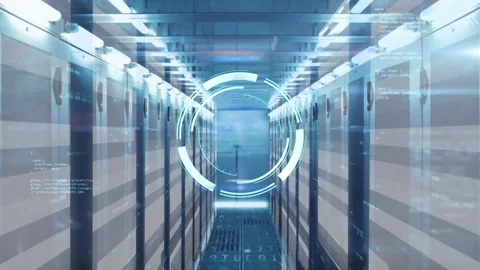 Animation of round scanner and data processing against computer server room Stock Footage 329166177