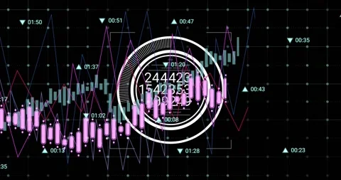Animation of round scanner and data processing over grid network against black Stock Footage 329979345