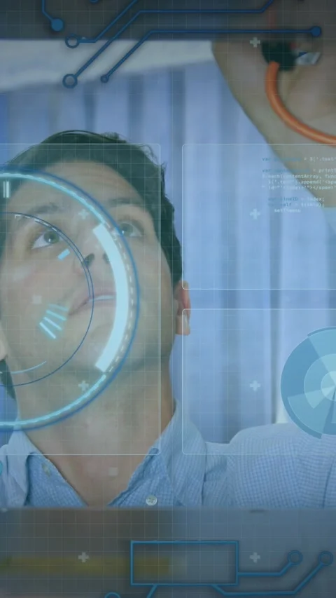 Animation of round scanner and data processing over caucasian male engineer Stock Footage 343778778