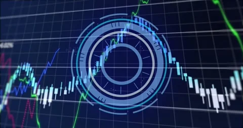 Animation of round scanner and financial data processing over grid network Stock Footage 330058666