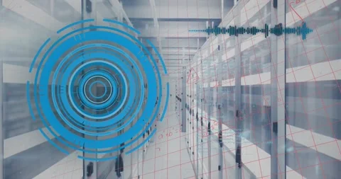 Animation of round scanner and mathematical equations against computer server Stock Footage 328711739