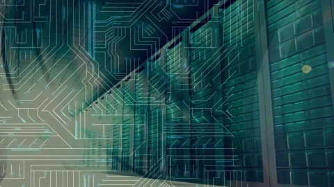 Animation of round scanner and microprocessor connections over empty computer Stockbeeldmateriaal 204820693