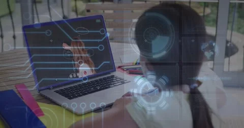 Animation of round scanner and microprocessor connections against girl having a Vídeo Stock 206301245