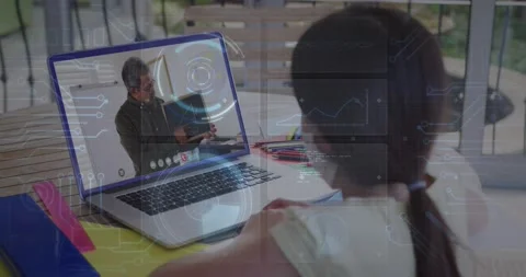 Animation of round scanner and microprocessor connections against girl having a Video stock 206301284