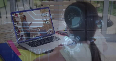 Animation of round scanner and microprocessor connections against girl having a Stock Footage 206301831