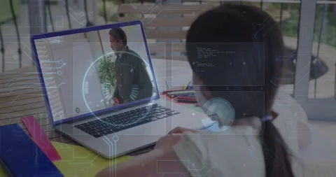 Animation of round scanner and microprocessor connections against girl having a Video stock 206302414