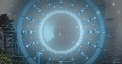 Animation of round scanner and microprocessor connections against aerial view of Stock Footage 238785884