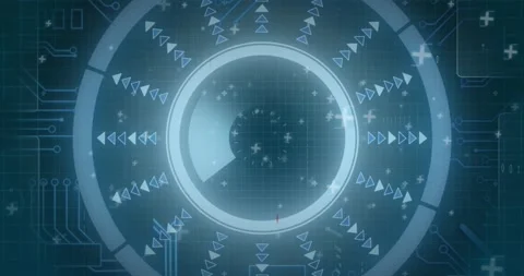 Animation of round scanner and microprocessor connections against blue Video stock 241987586