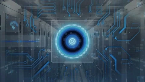 Animation of round scanner and microprocessor connections over spinning globe Video stock 244786450