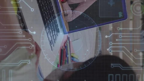 Animation of round scanner and microprocessor connections against girl having a Video stock 312390172