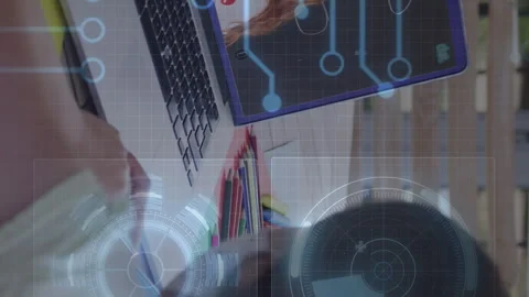 Animation of round scanner and microprocessor connections against girl having a Stock Footage 313458751