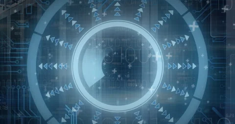 Animation of round scanner and microprocessor connections over multiple business Stock Footage 316038967