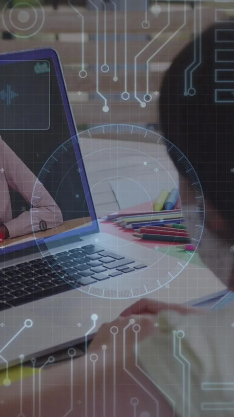 Animation of round scanner and microprocessor connections against girl having a Stock Footage 322209897
