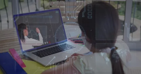 Animation of round scanner and microprocessor connections against girl having a Vídeo Stock 326190275