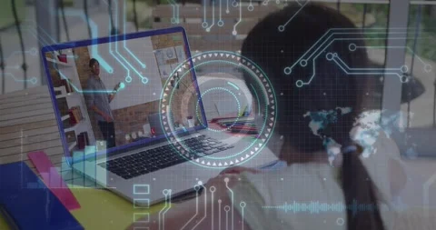 Animation of round scanner and microprocessor connections against girl having a 스톡 동영상 327201660